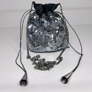 Asha Handicrafts India 🪩 Black & Silver Shiny Reflective Sequin Drawstring Purse